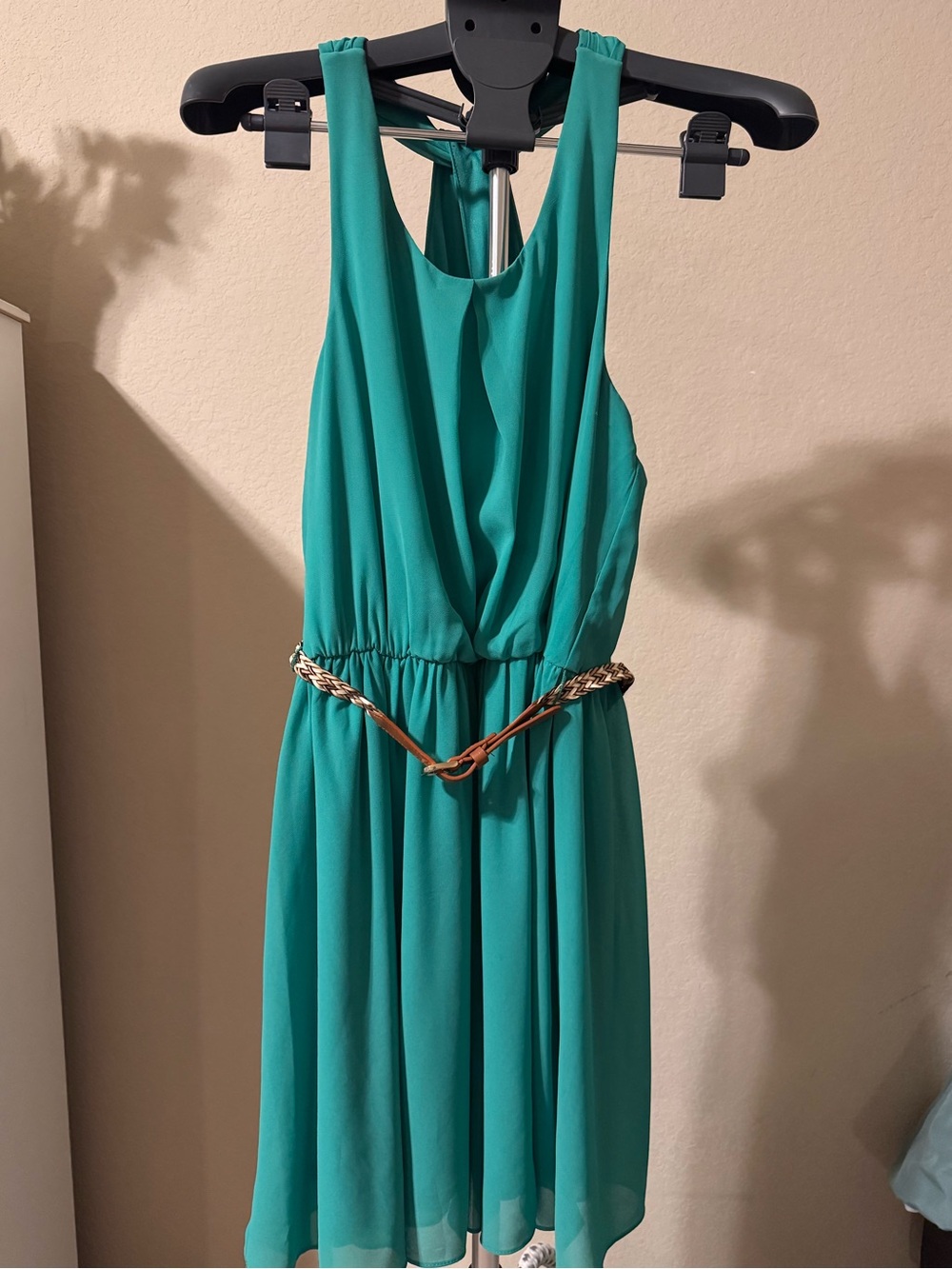 by & by Teal Sleeveless Chiffon Mini Dress with Braided Belt